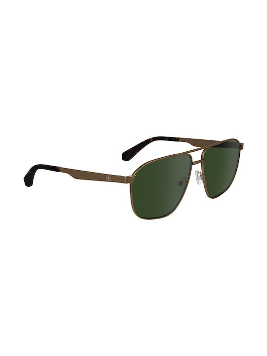 Calvin Klein Men's Sunglasses with Brown Tartaruga Metallic Frame and Green Lens