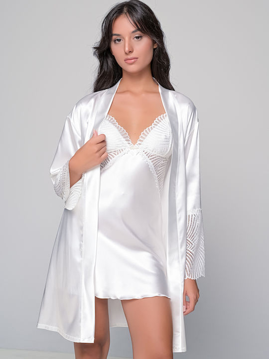 Milena by Paris Winter Satin Bridal Women's Nightdress with String Ivory, White