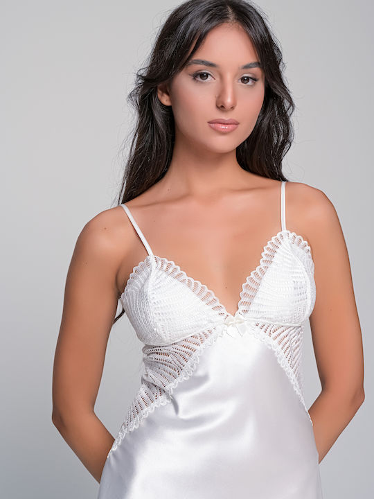 Milena by Paris Winter Satin Bridal Women's Nightdress with String Ivory, White