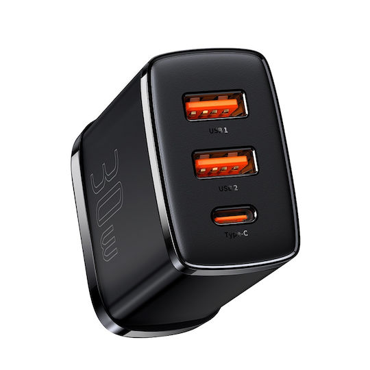 Baseus Φορτιστής Χωρίς Καλώδιο με 2 Θύρες USB-A και Θύρα USB-C 30W Power Delivery Μαύρος (Compact UK Plug)