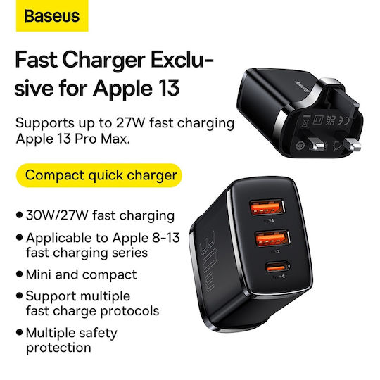 Baseus Φορτιστής Χωρίς Καλώδιο με 2 Θύρες USB-A και Θύρα USB-C 30W Power Delivery Μαύρος (Compact UK Plug)