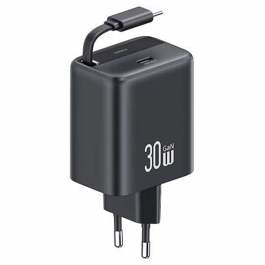 Usams Încărcător cu Cablu Integrat GaN cu Port USB-C 30W Livrarea energiei Negruς (US-CC241)