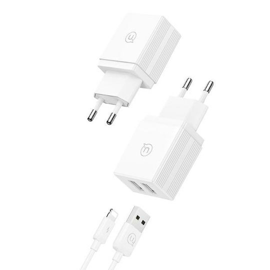 Usams Ladegerät mit 2 USB-A Anschlüsse und Kabel Blitzschlag 18W Weißs (HCXLTZ01)