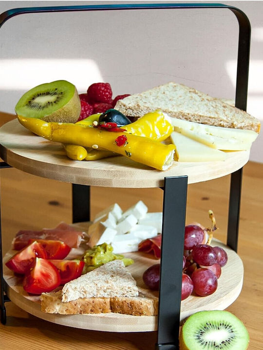 Suport de Fructe din Bambus și Metal cu 2 Niveluri pentru Fructe Prăjituri și Aperitive 25 x 21.5 Cm