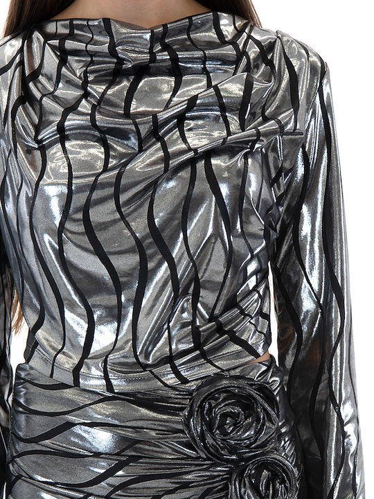 Damen Crop Top Langärmelig Silber-Schwarz 1461.688.0564-SILBER