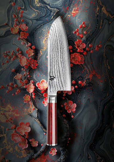 Kai Limited Edition Red Handle Shun Classic - KAI Knife Santoku from Damascus Steel 19cm