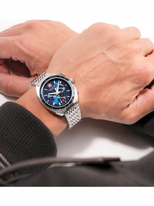 Swiss Alpine Military by Grovana Ανδρικό Ρολόι 41mm Χρονογράφος Μπαταρίας με Ασημί Μεταλλικό Μπρασελέ