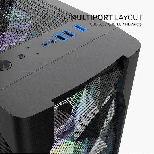 Armaggeddon Tritron 3 Gaming Midi Tower Κουτί Υπολογιστή με Πλαϊνό Παράθυρο και RGB Φωτισμό Μαύρο