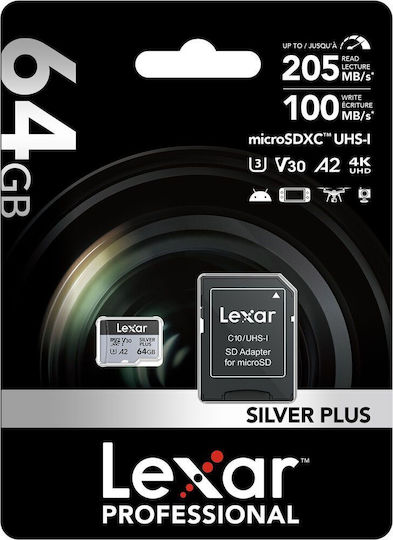 Lexar Professional Silver Plus microSDXC 64GB U3 UHS-I με αντάπτορα
