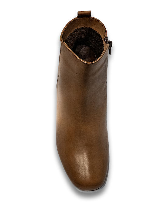 Leather Women's Ankle Boots with Medium Heel Tabac Brown