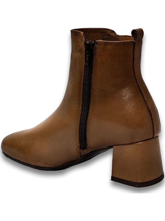 Leather Women's Ankle Boots with Medium Heel Tabac Brown