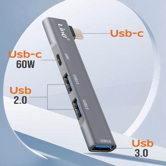 Linq 4-in-1 USB C Hub USB C 60W Charger 3 USB 3.0 2 USB 2.0 Ports Silver