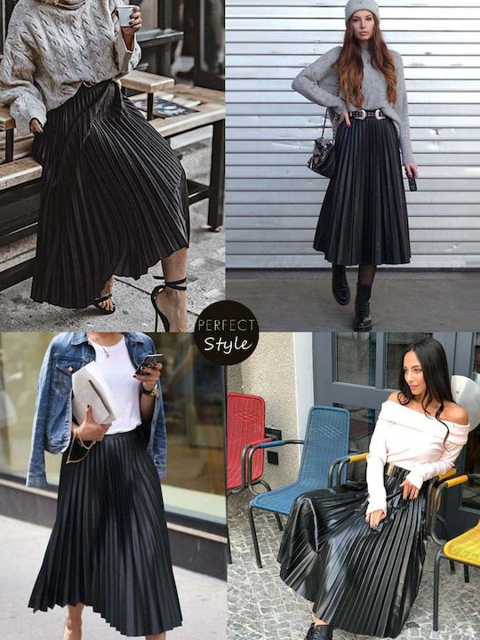 Leather Pleated Maxi Skirt Black