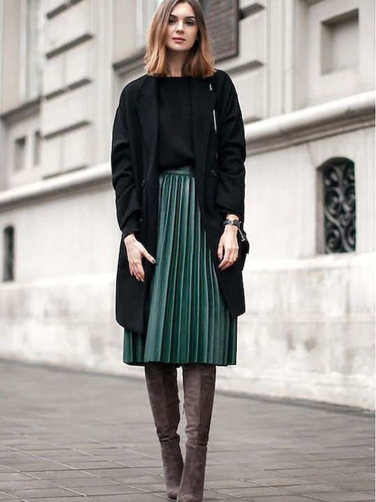 Leather Pleated Maxi Skirt Heather Green