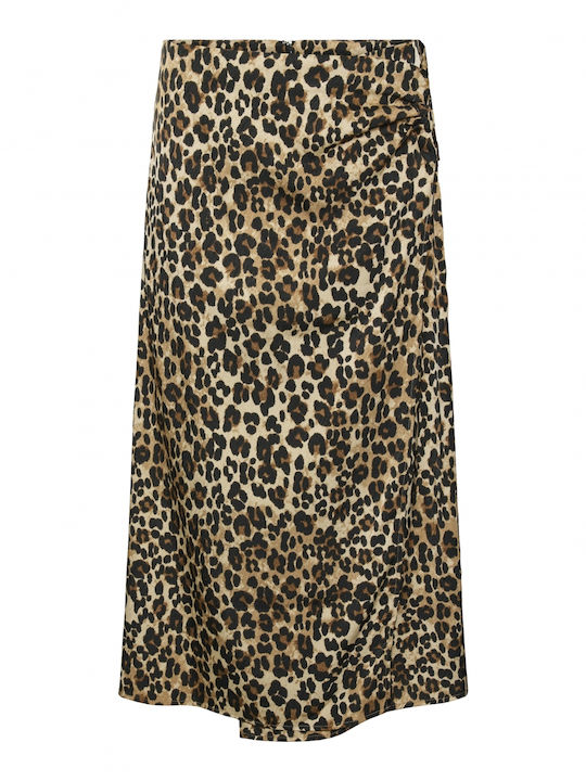 Vero Moda Satin High-waisted Midi Skirt Envelope Leopard Tigers Eye Multi