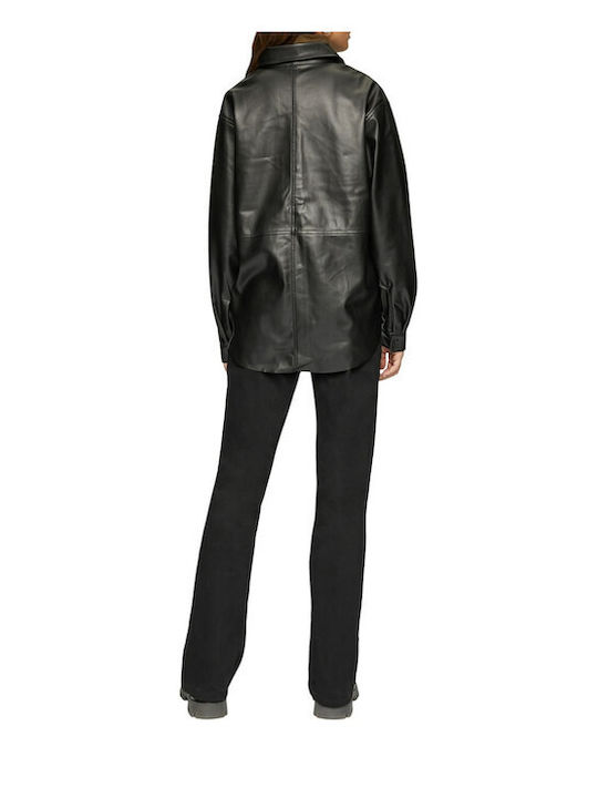 Long Sleeve Women's Leather Shirt Black