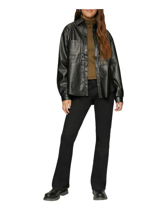 Long Sleeve Women's Leather Shirt Black