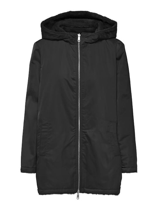 Only Women's Long Coat with Zipper ,Hood and Fur black