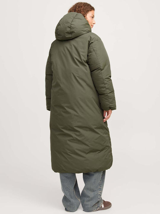 Jack & Jones Women's Long Puffer Jacket for Winter with Hood Green