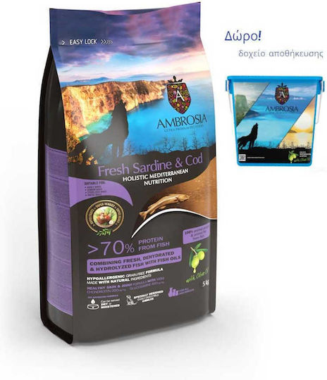 Ambrosia Fresh Sardine & Cod 5kg Dry Food Diet, Grain-Free for Senior Neutered Dogs with Fish, Salmon, Apple and Orange