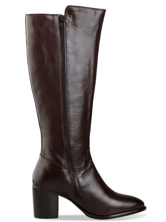 Leather Medium Heel Riding Boots Brown