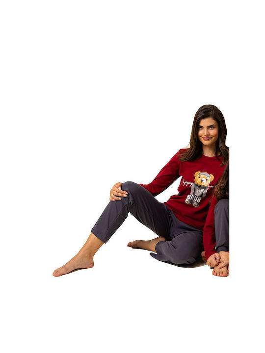 Happy Family Winter Women's Pyjama Set Cotton Κόκκινο Με Γκρι