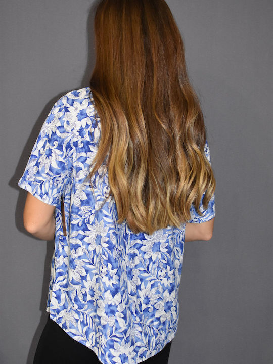 Kurzärmelig Damen Hemd Blue Blumen