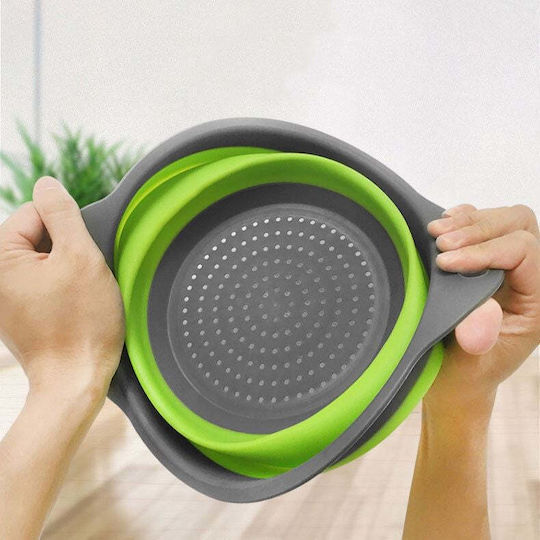 Set 2 Foldable Food-grade Silicone Colanders Flippy Handles Non-stick Non-slip Bottom Round Two Sizes Easy To Store Dishwasher Safe Green