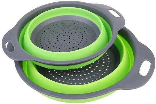 Set 2 Foldable Food-grade Silicone Colanders Flippy Handles Non-stick Non-slip Bottom Round Two Sizes Easy To Store Dishwasher Safe Green