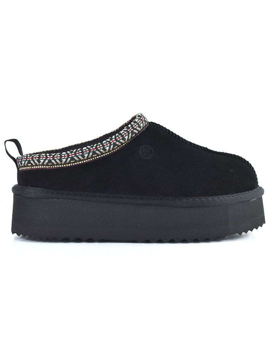 Kelara Leather Winter Women's Slippers in Black color