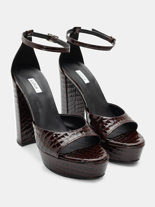 Luigi Platform Synthetic Leather Women's Sandals with Ankle Strap Brown with High Heel