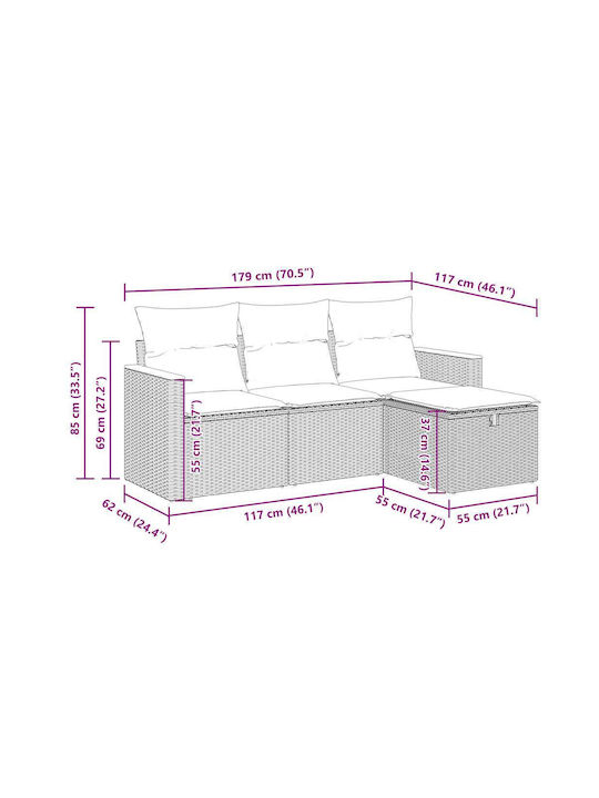 Corner Outdoor Sofa Rattan with Cushions 55x55x69cm