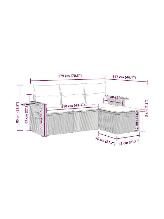 Outdoor Corner Rattan Sofa with Chest and Cushions 55x55x69cm