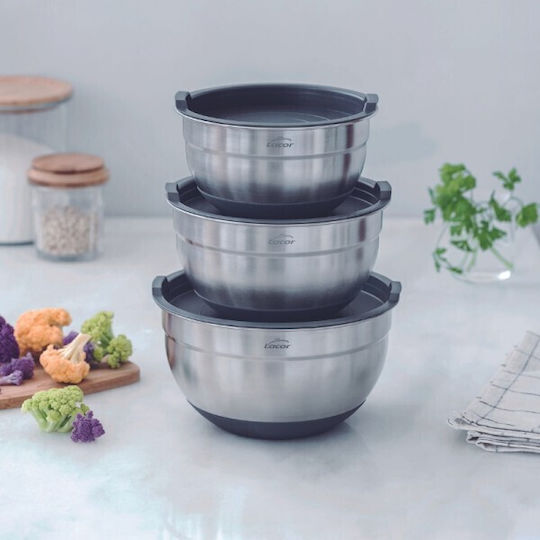Set de 3 boluri din oțel inoxidabil cu capac perfect asortat