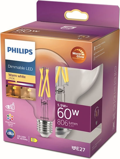 Philips Warmglow LED Bulb 5.9W for Socket E27 and Shape G95 Warm White 806lm Dimmable