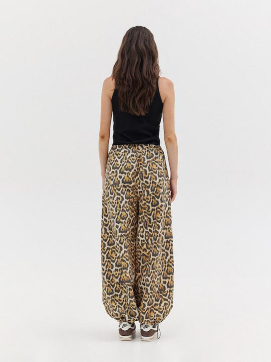 SunsetGo! Women's High-waisted Fabric Trousers with Elastic Leopard Brown/Black