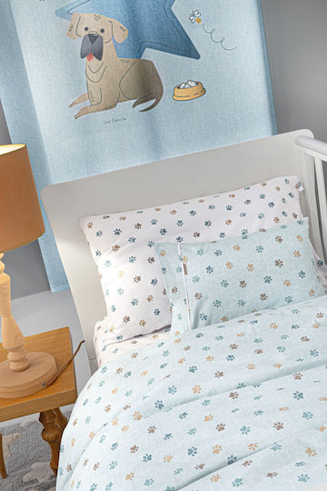 Guy Laroche Paw Baby Sheets Set Crib Cotton Ciel Light Blue 115x170cm 3pcs