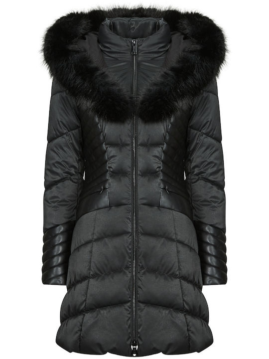 Oxana Women's Long Lifestyle Artificial Leather Jacket for Winter Black