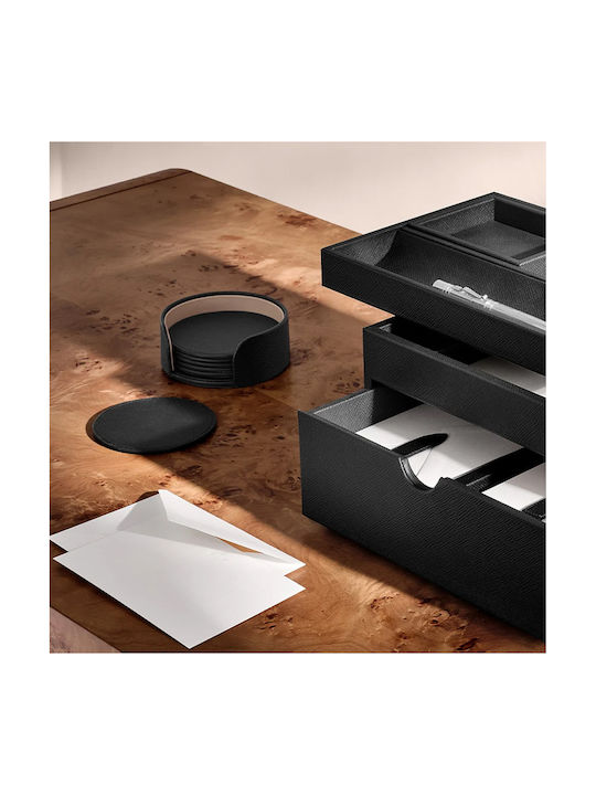 Smythson Round PU Black Coasters with Stand 11cm 6pcs