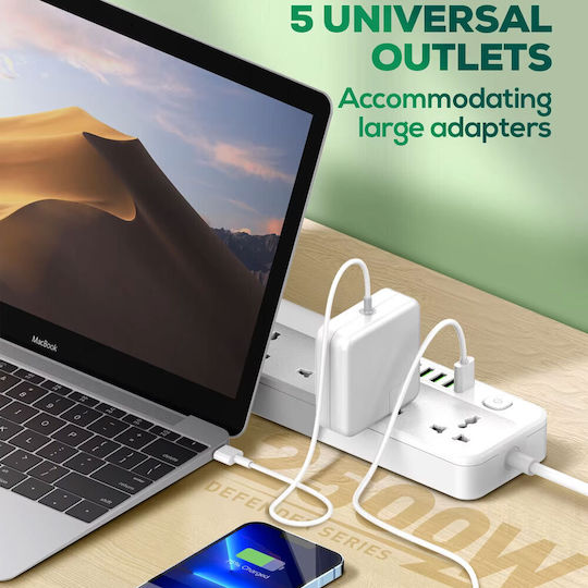 Bandă de alimentare Securitate 5 Prize cu 6 USB-A, Comutator și Cablu 2m