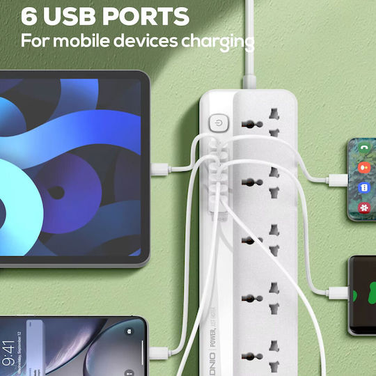 Bandă de alimentare Securitate 5 Prize cu 6 USB-A, Comutator și Cablu 2m
