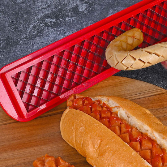 Feliator manual pentru hot dog Flippy, tăietor manual pentru cârnați hot dog, potrivit pentru grătar, 29,5 x 6,5 cm, din oțel inoxidabil ABS, roșu