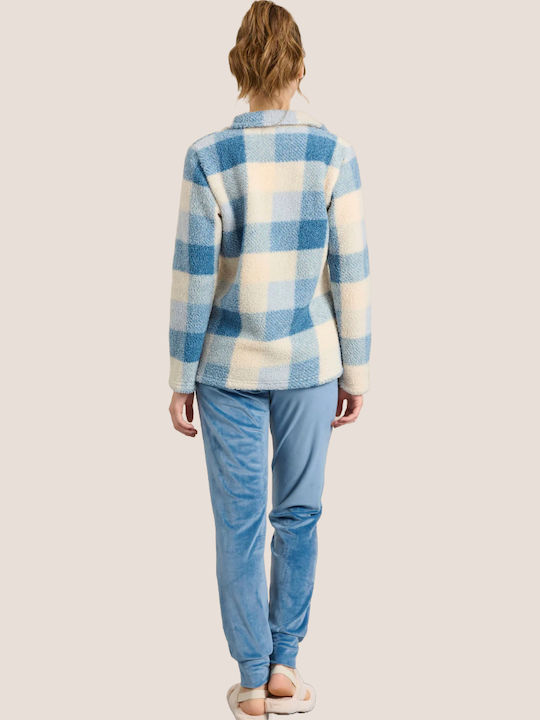 Jeannette Lingerie Χειμερινό Γυναικείο Σετ Πιτζάμας Fleece Σιελ