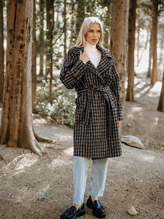 Freestyle Women's Wool Checked Coat with Buttons Brown