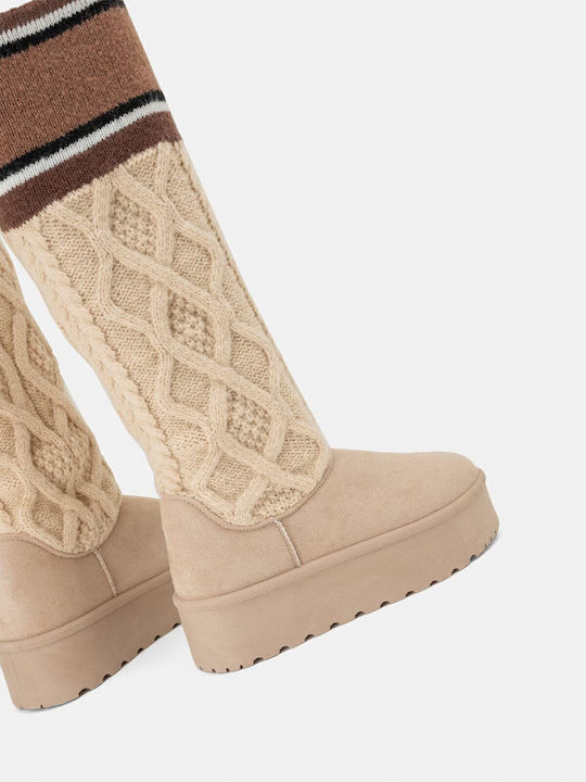 Wildleder Damenstiefel mit mittlerem Absatz Beige