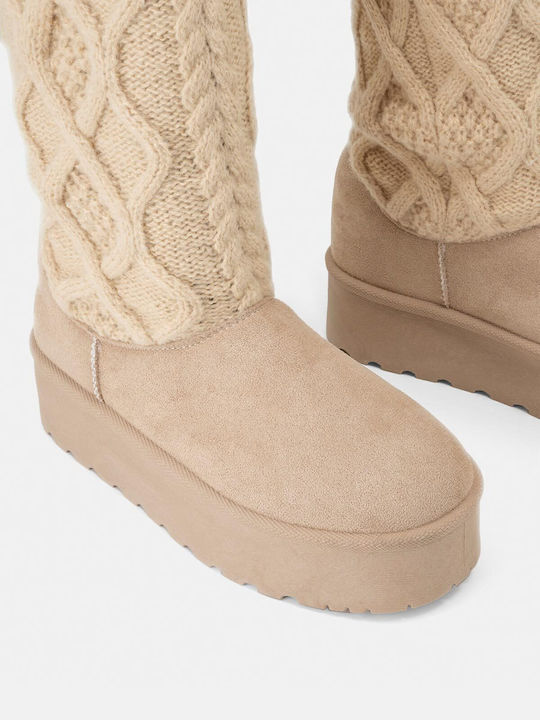 Wildleder Damenstiefel mit mittlerem Absatz Beige
