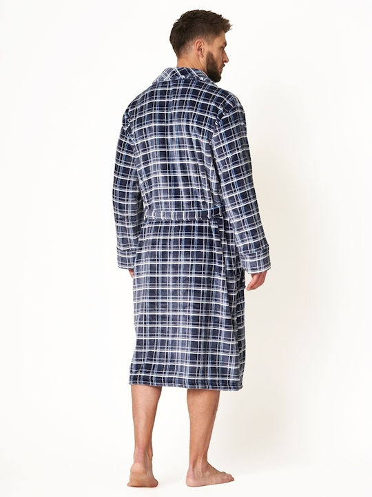 Key Χειμερινή Καρό Ανδρική Ρόμπα Fleece Μπλε