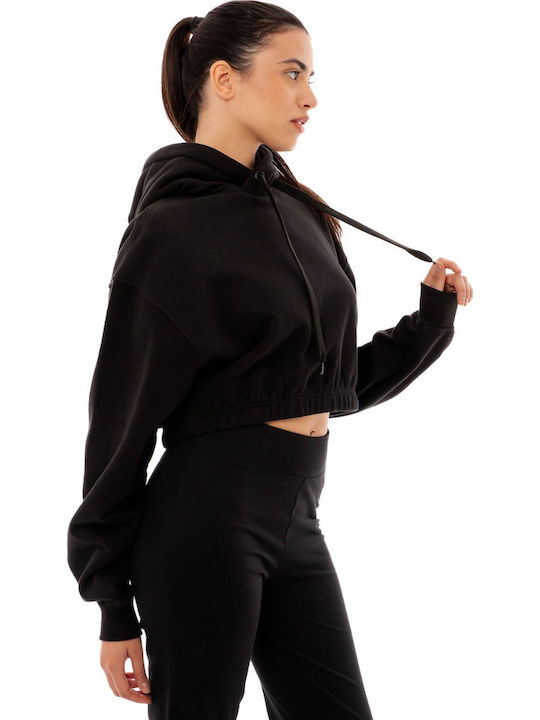 Gekürzt Damen Sweatshirt Kapuzen Schwarz
