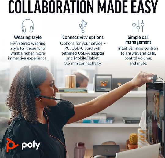 Poly Blackwire 3225 Bulk On Ear Multimedia Headphone with Microphone 3.5mm Jack / USB-A / USB-C