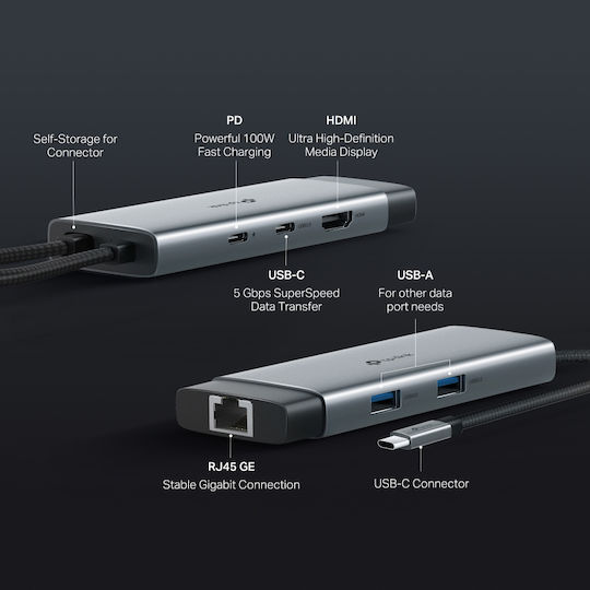 TP-LINK USB-C Docking Station with HDMI 4K PD Ethernet Gray (UH6120C)